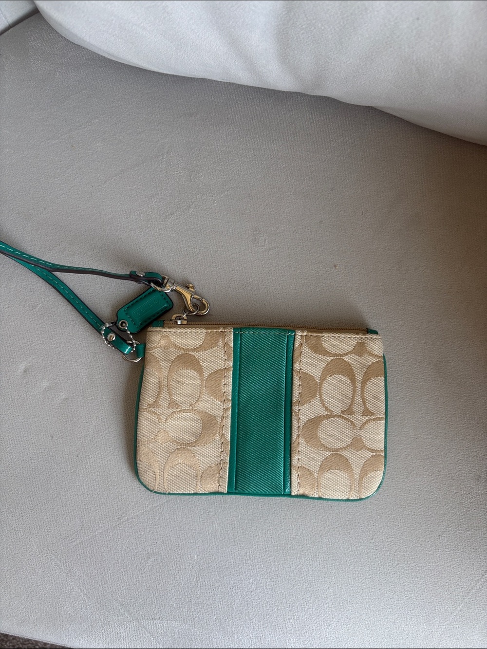 Coach Tan Signature Canvas Wristlet with Teal Leather Trim